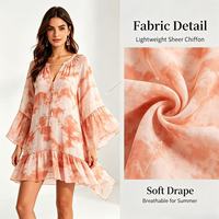 Robe mini tie-dye pour femme, manches cloche, col en V, cordon de serrage à pampilles, ourlet à volants, fluide, cache-maillot de plage