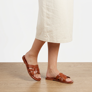 Brown Genuine Leather Anti-Slip Flat <b>Sandals</b> <b>Women</b> Woven Strap Rhinestone Open Toe Slip on Slides Summer - Product Image 3