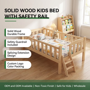 <span class=keywords><strong>Cama</strong></span> Individual de Madera Maciza para Niños con Barandilla de Seguridad, <span class=keywords><strong>Cama</strong></span> para Niños Pequeños con Extensión para Acoplar, <span class=keywords><strong>Cama</strong></span> para Bebés para Dormir Juntos, Logotipo Personalizado - Product Image 1