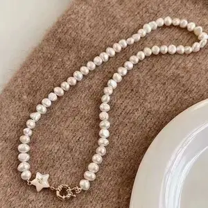 Natural Shell Inlaid Star OT Buckle Necklace 8-9mm Natural High Quality Baroque Freshwater Pearl Necklace 45CM Long