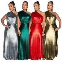 Robe longue plissée métallique de luxe pour femme, élégante, asymétrique à une épaule, sans manches, haut de gamme, brillante et scintillante