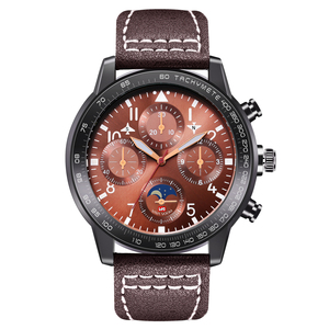 Montre chronographe de style pilote pour homme, lunette tachymètre, phase de lune, bracelet en cuir noir - Product Image 2