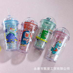 Double Layer Cartoon Dinosaur Straw <b>Cup</b> With Lid And Straw For Kids Summer <b>Drink</b> <b>Cup</b> 500Ml Party Use - Product Image 2