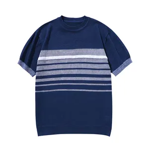 High Quality Custom Clothing Shirt Fashion Blue Stripes Print Short Sleeve Summer Men's Round Neck Casual Pullover T-shirt