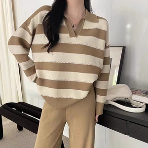 เสื้อคาร์ดิแกนไหมพรมคอวีลายทางตัดสีสไตล์โปโลสำหรับผู้หญิงแฟชั่นฤดูใบไม้ร่วงทรงโอเวอร์ไซส์ - Product Image 6