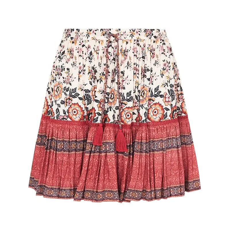 Factory Clearance Price Ethnic Tribal Women's Boho Vintage Floral Print Tassel Tie Waist A Line Mini Women Skirts