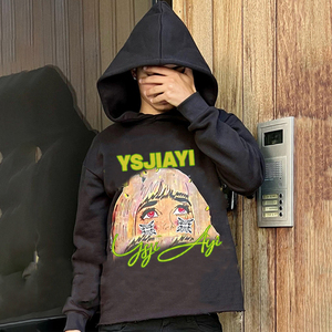 定制连帽衫无绳超大丝网印刷粉扑印花无口袋生下摆定制连帽衫 - Product Image 5