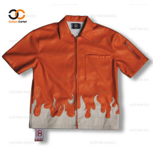 Camisas de seda de franela de alta calidad para hombre, diseño de logotipo desgastado con cierre de cremallera bordado, manga corta de ajuste Regular de verano - Product Image 1