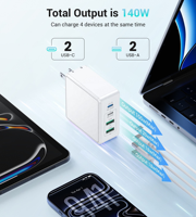 Chargeur rapide USB C USB A GaN 140W, adaptateur mural multi-ports US PD QC haute puissance, charge rapide pour iPhone, Samsung, tablette, Macbook