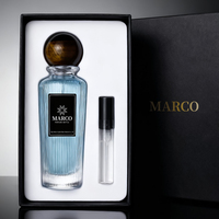 Flacon de parfum cylindrique en verre de luxe de 180 ml avec vaporisateur à pompe, design rayé sérigraphié, finition dorée, boîte