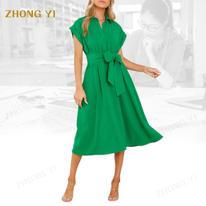 Estate donna manica corta tinta unita abito lungo tunica negozio splendido <span class=keywords><strong>smeraldo</strong></span> manica corta abito Midi - Product Image 2