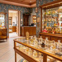 Vitrine à parfums vintage en bois massif sur mesure avec éclairage LED et design écologique pour usage professionnel en boutique de détail