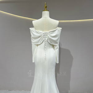 JFH66 ชุดแต่งงานทรงเมอร์เมดผ้าซาตินสีงาช้างทรงโบโฮพร้อมดอกไม้ - Product Image 4
