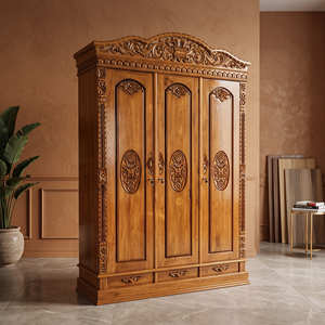 Armario Tradicional de Madera Maciza Tallada a Mano con 3 Puertas y Puertas Abatibles con Cerradura para Dormitorio - Product Image 4