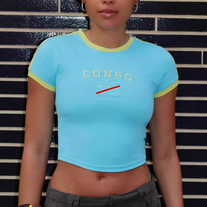 <span class=keywords><strong>T</strong></span>-<span class=keywords><strong>shirt</strong></span> décontracté pour <span class=keywords><strong>femme</strong></span>, style Y2K, manches courtes, coupe ajustée, col ras du cou, broderie de lettres, streetwear, personnalisable avec logo OEM - Product Image 5