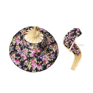 Bambu kipas tangan lipat topi matahari topi matahari wanita dengan 2 in 1 Gaya bingkai bambu cetakan bunga - Product Image 3