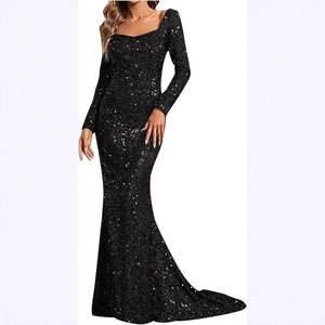 V-Neck <b>Sequined</b> Bodycon Long Evening Gown <b>Flared</b> Sleeve Mermaid Fit Formal Dress Women's Party Wear - Product Image 2