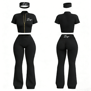 Custom logo Gym Y2K Fitness Workout Set Full Zip up Jacket <strong>Flared</strong> Yoga <strong>Leggings</strong> Matching Headband 3 Piece <strong>Women</strong> Activewear Sets - Product Image 2