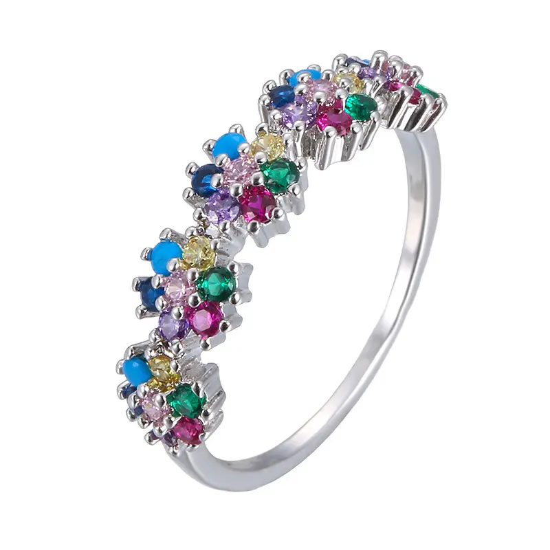 Fashion Costume Trendy Brass custom jewelry Imitation Rhodium Plated Multi Color Cubic Zirconia Flower Ring for Women