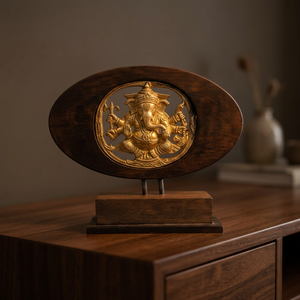 งานศิลปะพระพิฆเนศทองเหลืองทำมือบนฐานไม้ ของตกแต่งและของขวัญ - Product Image 3