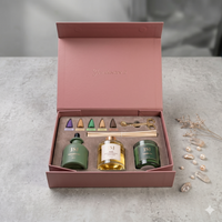 Boîte de bien-être de luxe de couleur mauve avec insert en velours beige personnalisé pour bougie aromathérapeutique haut de gamme et coffret cadeau d'encens