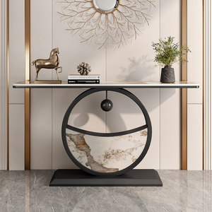 Mesa <span class=keywords><strong>Consola</strong></span> de Entrada de Metal con Losa de Roca de Lujo Ligero, Mesa Auxiliar Decorativa Semicircular Ultra Estrecha Montada en la Pared para Hotel - Product Image 2