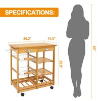 Chariot de service en bois à 3 niveaux, écologique, avec roues en acier inoxydable, chariot de cuisine roulant durable