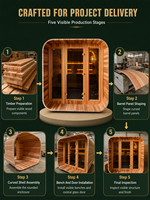 Sauna extérieur moderne en cèdre rouge canadien EnjoySaunas pour 4 personnes, poêle à sauna 6KW, chauffage électrique, verre panoramique, jardin, CE