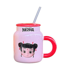 Taza de cerámica Nezha con tapa y pajita, diseño de dibujos animados para niñas, regalo de cumpleaños, uso en el hogar y la oficina - Product Image 5