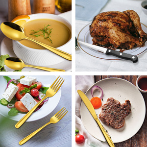 Para <span class=keywords><strong>Amazon</strong></span>, juego de vajilla de acero inoxidable negro, bistec occidental, cuchillo dorado para el hogar, tenedor, cuchara, mango pulido de espejo grueso, Moderno - Product Image 4