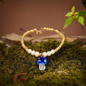 Pearl <b>Bracelet</b> With Blue Mushroom Charm PVD <b>Gold</b> Plated 316L Stainless Steel Sustainable Design - Product Image 3