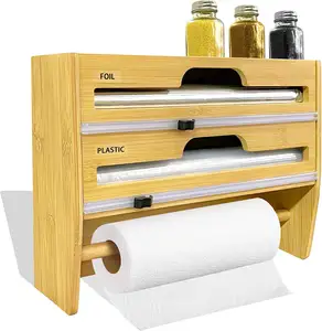 Kitchen Storage Organizer 3 in 1 Bamboo Foil Plastic Wrap Dispenser with Slide Cutter and Labels Bamboo Wrap Dispenser