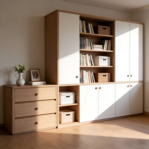 Mueble <span class=keywords><strong>de</strong></span> Almacenamiento Moderno Minimalista Blanco Contraste <span class=keywords><strong>de</strong></span> <span class=keywords><strong>Madera</strong></span> Natural Estilo Japonés Wabi-Sabi <span class=keywords><strong>con</strong></span> Compartimentos Abiertos y Cerrados - Product Image 2