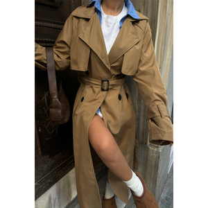 Gabardina Marrón con Abertura Lateral, Manga Larga, Tejida, Resistente al Viento, Abrigo Casual de Otoño para Mujer - Product Image 5