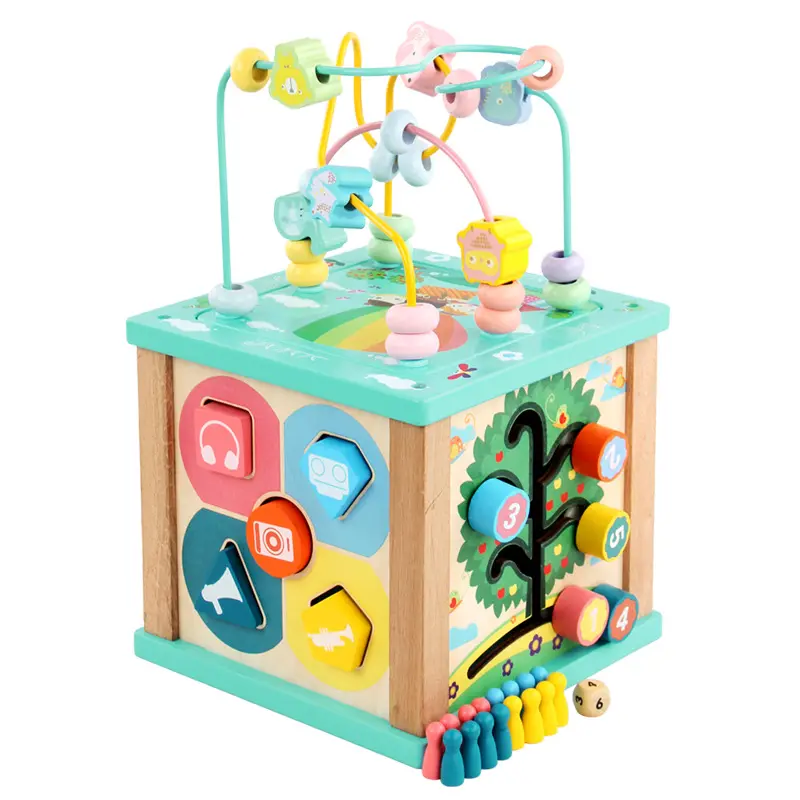 Cpc cubo de atividades de brinquedo do bebê, brinquedos de madeira para crianças, 5 em 1, multi-função, centro de reprodução com miçangas, classificador de formas de labirinto