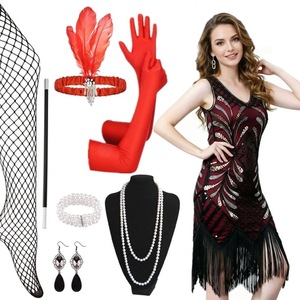 Vestido Retro de los Años 20 con Lentejuelas y Cuentas, Estilo Gatsby, Talla Grande, Conjunto de Disfraz para Mujer con Guantes, Collar, Ocho Piezas - Product Image 1
