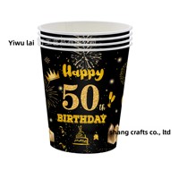 Nouvel ensemble de vaisselle jetable noir et or à bordure dentelle pour anniversaires de 50 ans, comprenant assiettes en papier, cuillères, gobelets et nappe