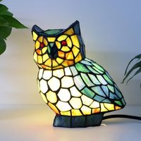 Lampe de table style moderne en forme de hibou, avec verre teinté bleu et vert, alimentation électrique