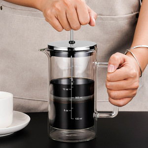 Cafetière à pression moderne en verre transparent double couche grande capacité avec couvercle, tasse filtrante graduée, infuseur à thé - Product Image 2