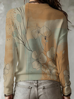 Pull en tricot pour femme à imprimé floral et motifs linéaires, col rond, manches longues, color block, décontracté, kaki