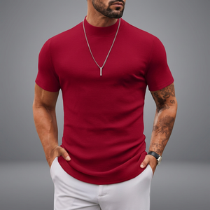 เสื้อยืดคอกลมแขนสั้นสีแดงสำหรับผู้ชายแบบถักทรงเข้ารูปลำลองสีทึบ - Product Image 4
