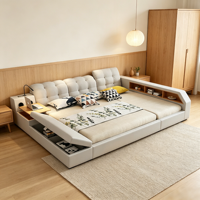 Smart-Bett King Size Gestell mit TV, Modernes Doppel-Lederbett Queen Size, Projektor Tisch Schlafzimmermöbel, Polster Smart-Bett