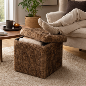 Pouf <span class=keywords><strong>de</strong></span> <span class=keywords><strong>rangement</strong></span> pliable moderne en fausse fourrure marron, siège rembourré décoratif pour salons, chambres et entrées d'hôtels - Product Image 6
