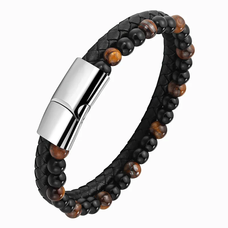 Double Volcanic Stone Men's Bracelet Hand String Leather Handwoven Bracelet for Men magnetic buckle Tiger Eye Stone Bracelet