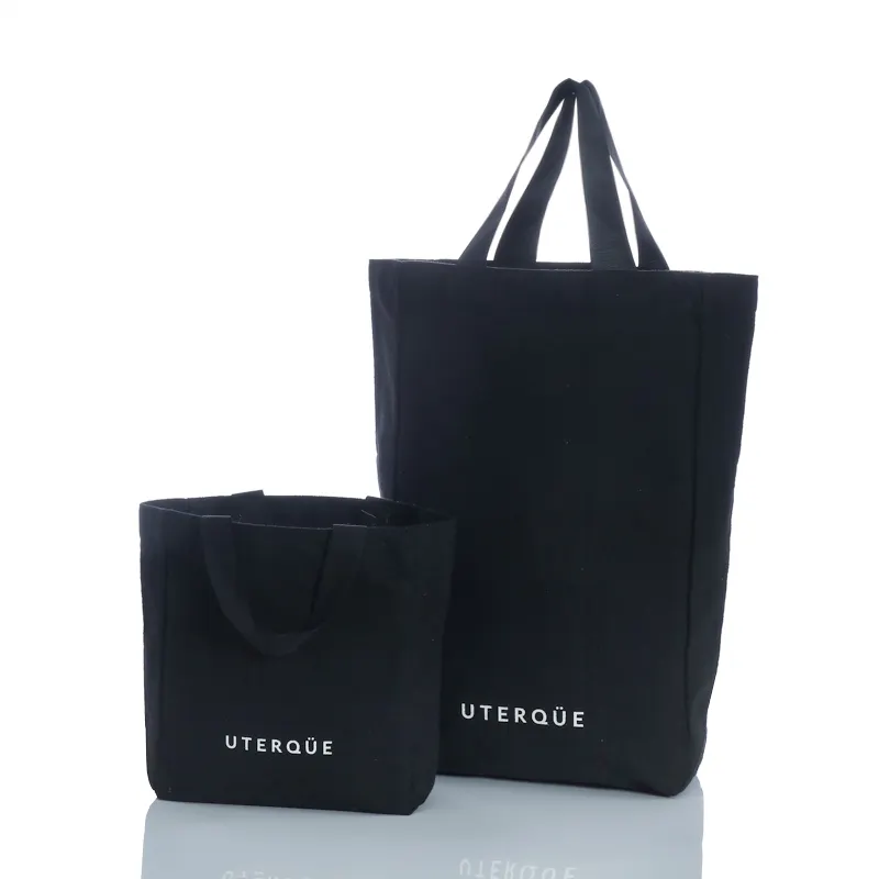 Borsa con manico in tela di cotone pesante nera con stampa a colori di dimensioni personalizzate per lo shopping