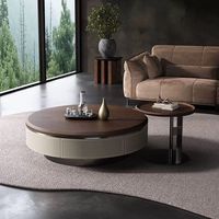 Table basse en bois massif de luxe léger, style moderne et minimaliste, avec cuir pleine fleur, ronde, pour salon, petite taille, usage domestique