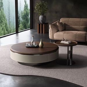 Tavolino da Caffè in <span class=keywords><strong>Legno</strong></span> Massello Moderno e Minimalista di Lusso Leggero con Pelle Selvatica, Combinazione Rotonda <span class=keywords><strong>per</strong></span> Soggiorno, Formato Piccolo <span class=keywords><strong>per</strong></span> la Casa - Product Image 1