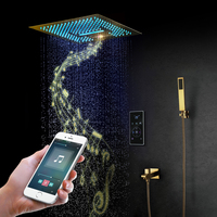 Robinetterie thermostatique Music avec cartouche céramique, 2 fonctions, grand pommeau de douche 400*400 mm, LED, finition or moderne, système de douche à jets