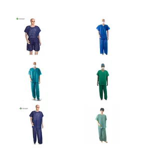 Traje desechable de PP con mangas cortas, ropa azul para pacientes, pijamas desechables para hospital