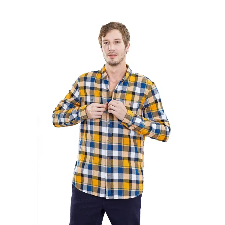 2021 moda giallo manica lunga da uomo classico Plaid camicia lon camicia tessuto da uomo